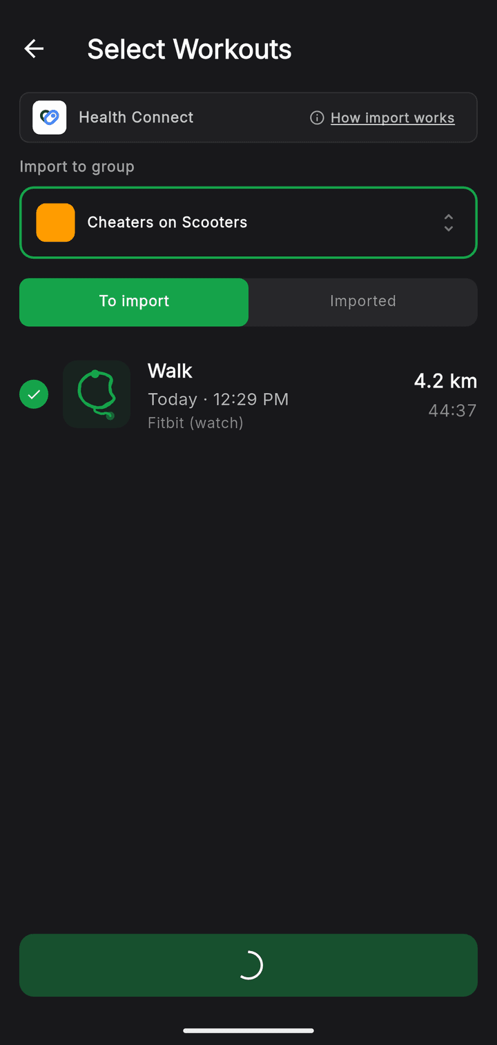 Sector app – Select Workouts screen showing a Fitbit walk ready to import into the 'Cheaters on Scooters' group.