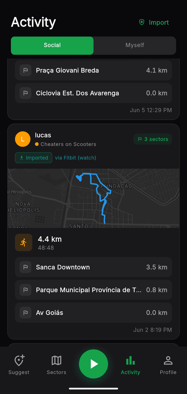 Sector app – Activity feed showing an imported Fitbit run with its GPS route and three claimed sectors.